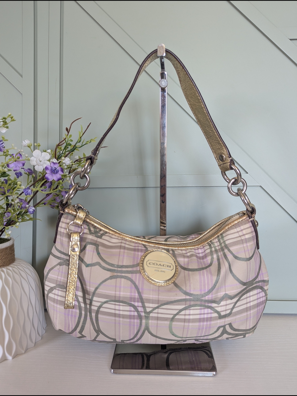 Coach Signature PlaidTartan Lilac Gold Hobo Bag
